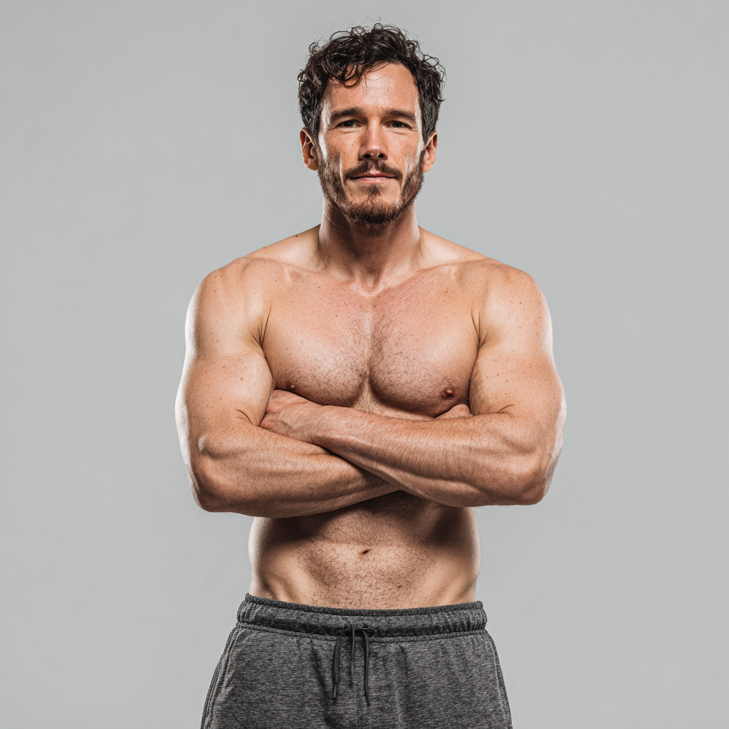 Confident man in peak physical condition looking determined and strong, representing achieved goals