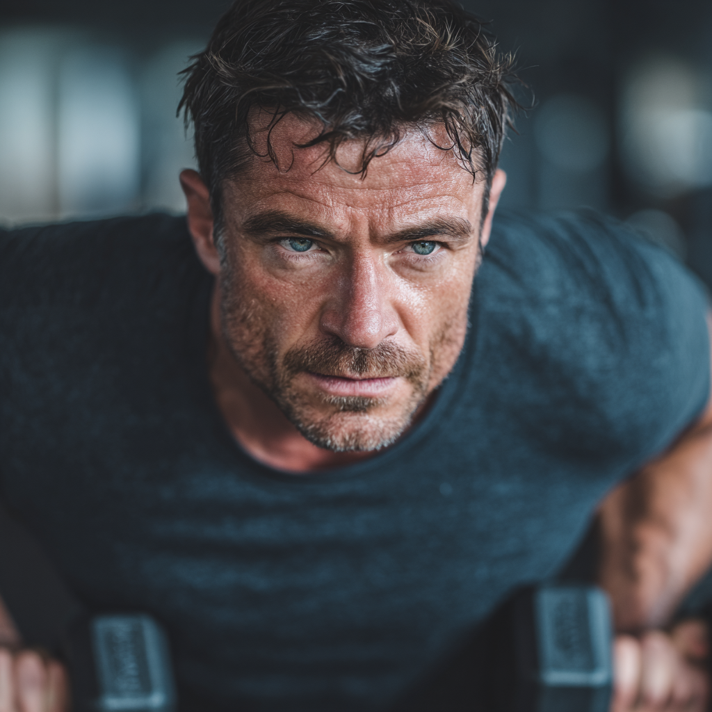 Strong focused man training in modern gym, demonstrating determination and physical strength